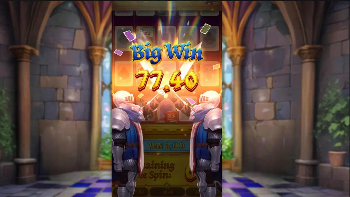 Tampilan visual slot Poker Kingdom Win dengan tema abad pertengahan dan simbol kartu remi.